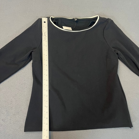 Talbots Petite Medium Black Boat Neck Top Ivory Trim Pearl Button Cuff Shirt NWI - Picture 6 of 9